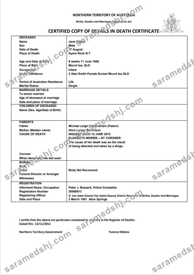 Australia Northern Territory of Australia death certificate template in Word format
